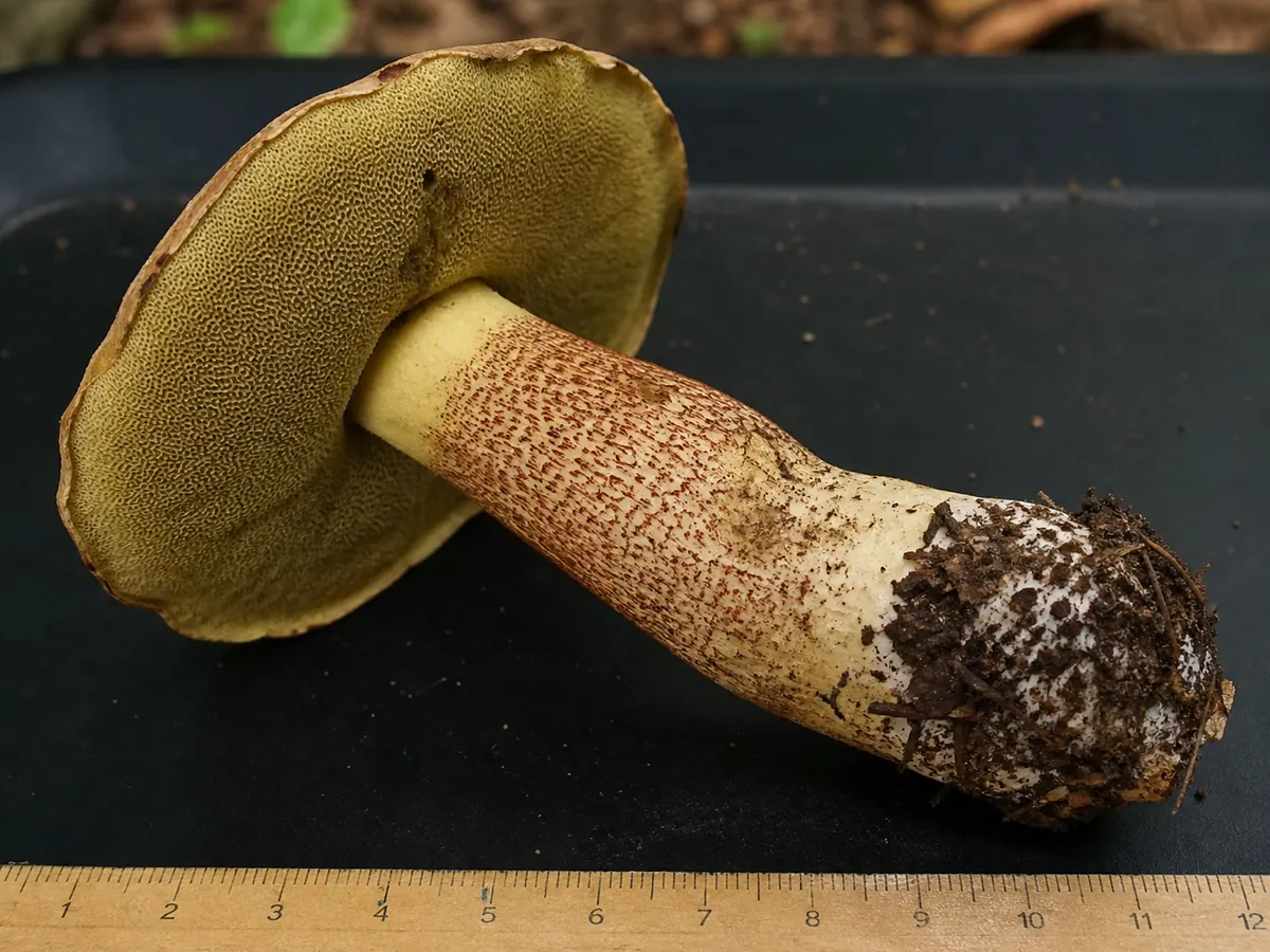 California bolete candidate with pores, stem surface, and complete base visible beside a ruler