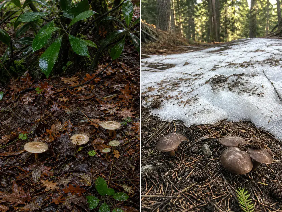 Wet coastal forest duff beside a retreating Sierra snowline under conifers
