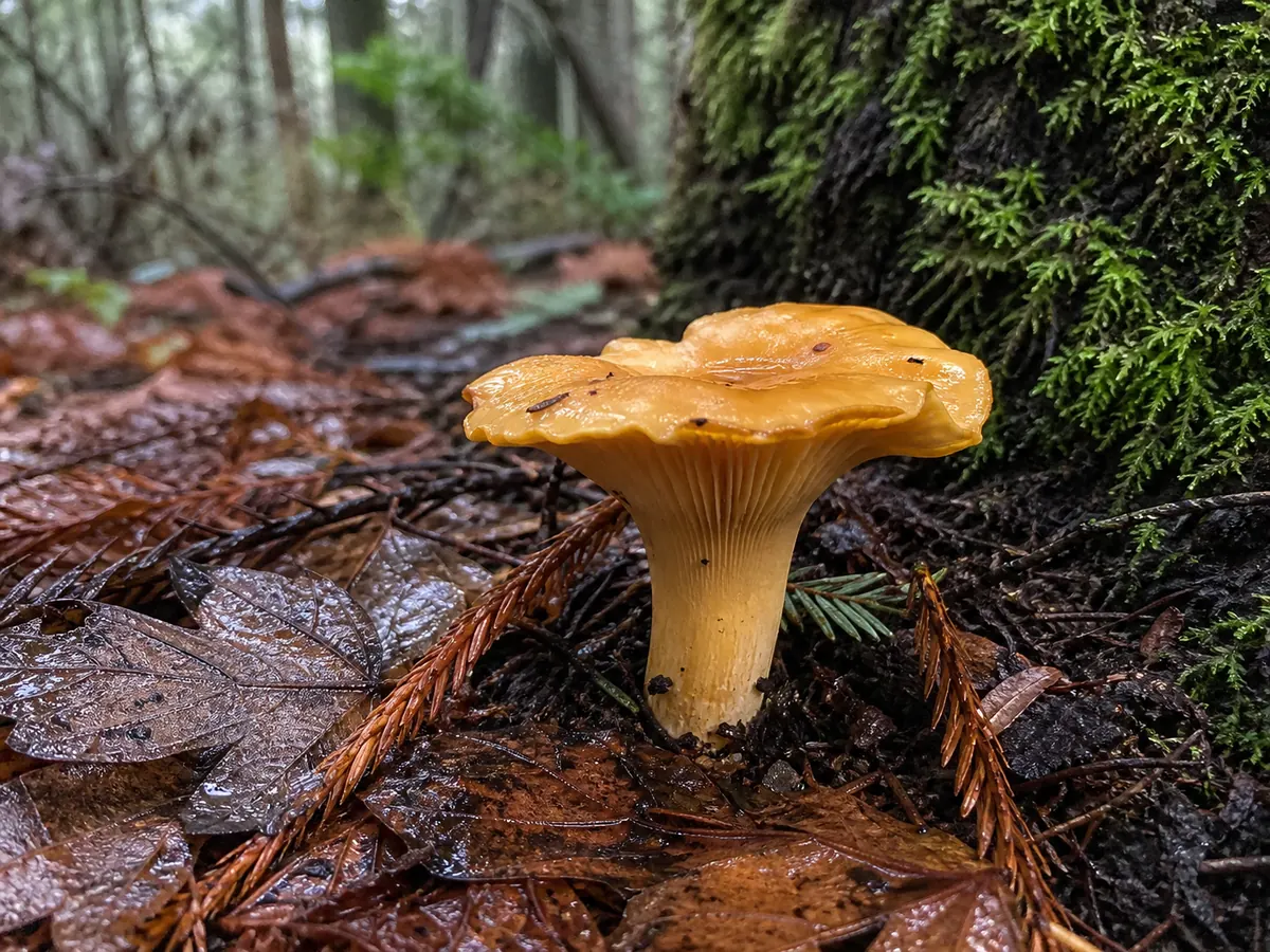 Golden chanterelle candidate growing intact in damp tanoak and Douglas-fir litter after winter rain