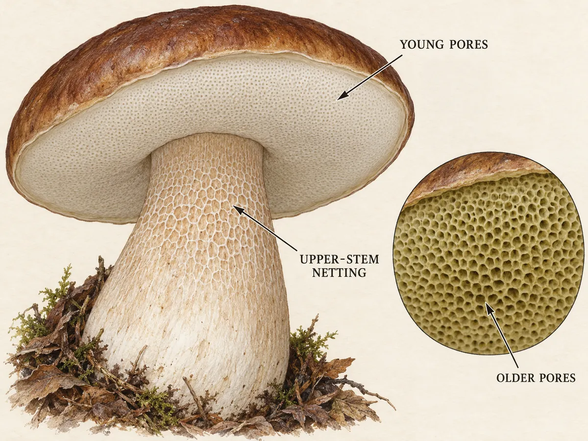 AI-generated king-bolete diagram showing white pores, fine upper-stem netting and older olive pores