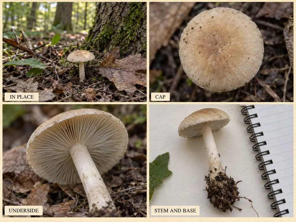 AI-generated illustration of linked habitat, cap, underside and complete stem-base views