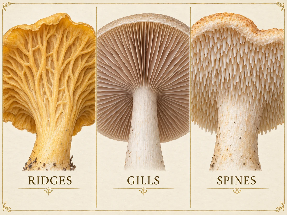 AI-generated illustration comparing blunt forked ridges, thin gill blades and hanging spines