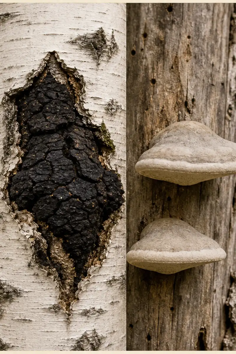 Black cracked chaga conk on living white birch beside pale birch polypore brackets on dead birch