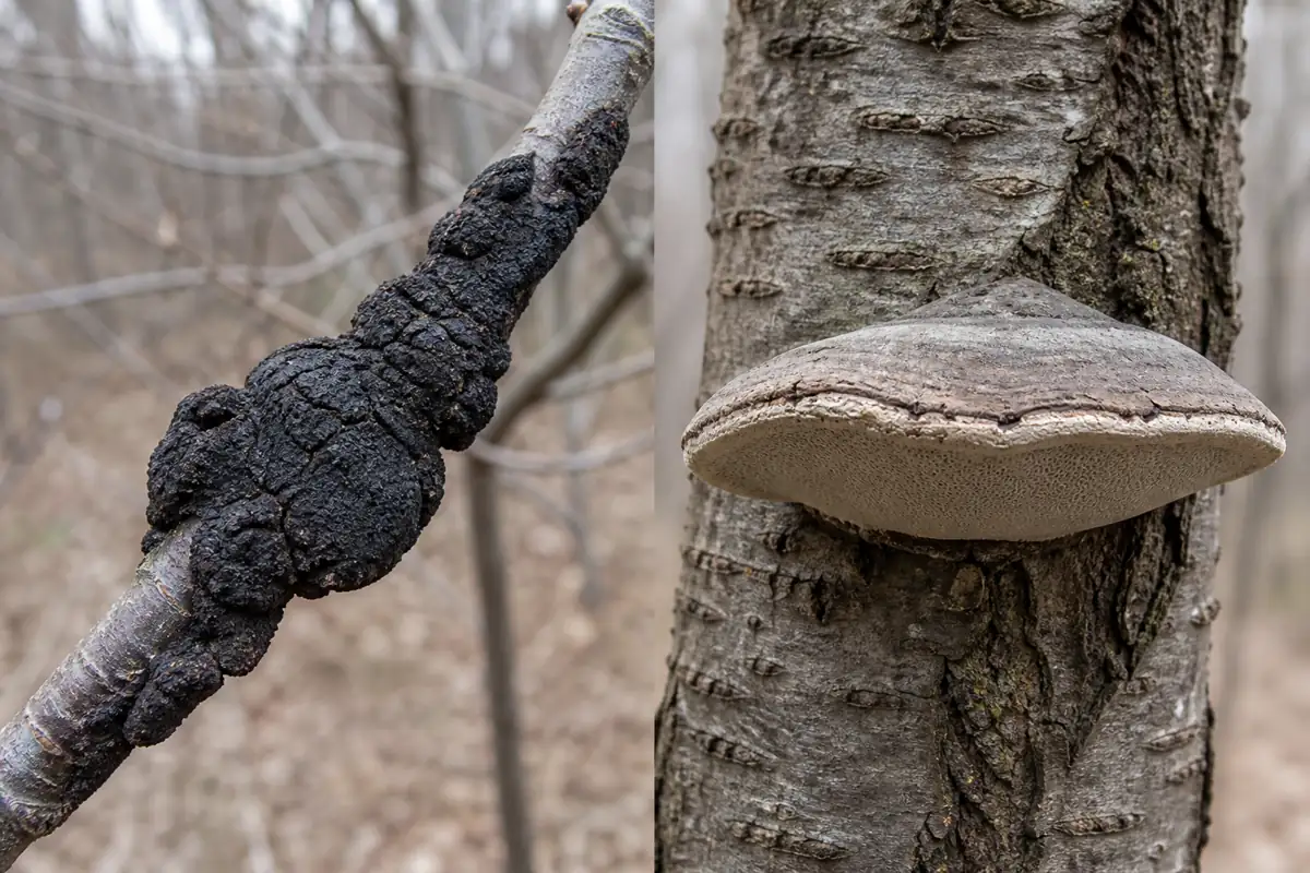 Side-by-side cherry branch with elongated black knot and cherry trunk with a projecting pore-bearing bracket