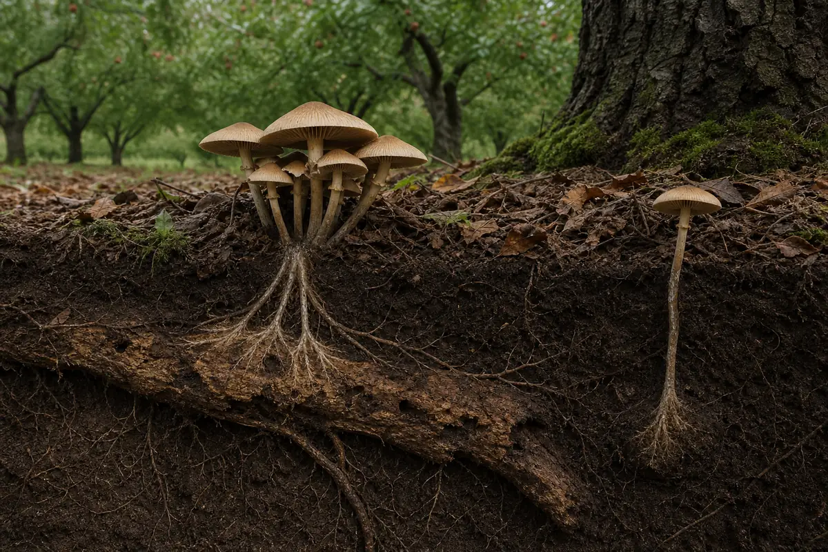 Cutaway of a clustered gilled fungus converging on a buried cherry root beside a solitary soil mushroom with an independent base