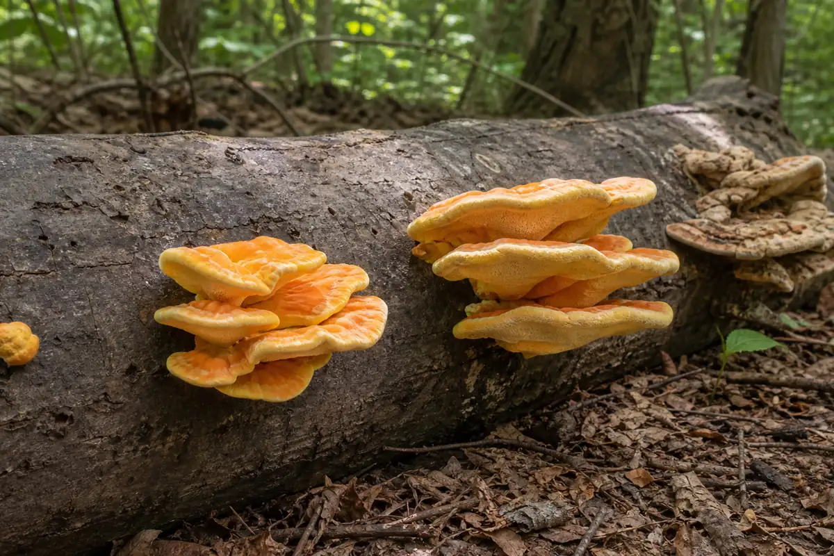 Young nodule, fresh overlapping orange fans, pore underside, and faded old chicken of the woods on cherry wood