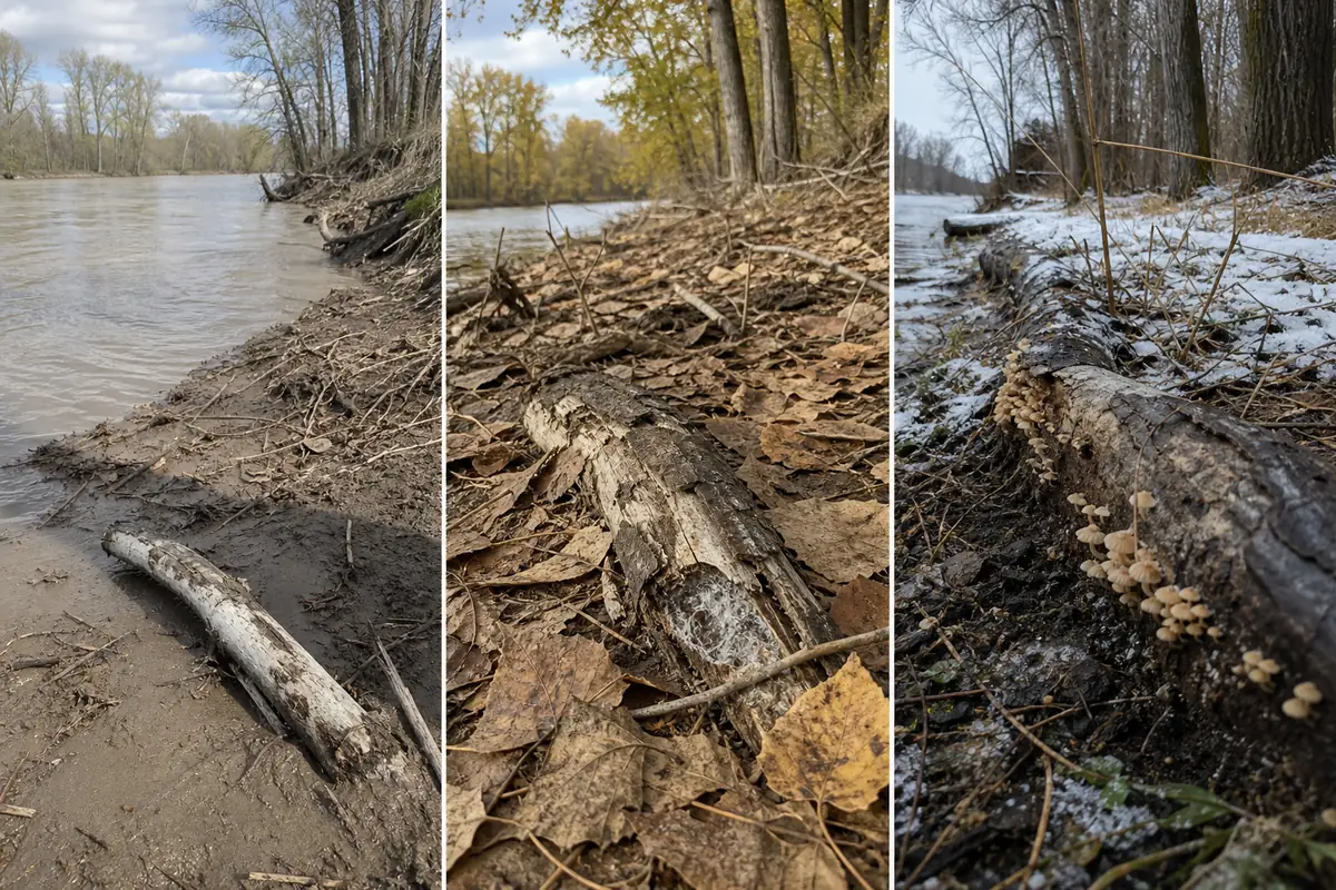 One cottonwood branch progressing from a fresh break to bark-attached deadwood, partial silt burial, and a soft mossy log
