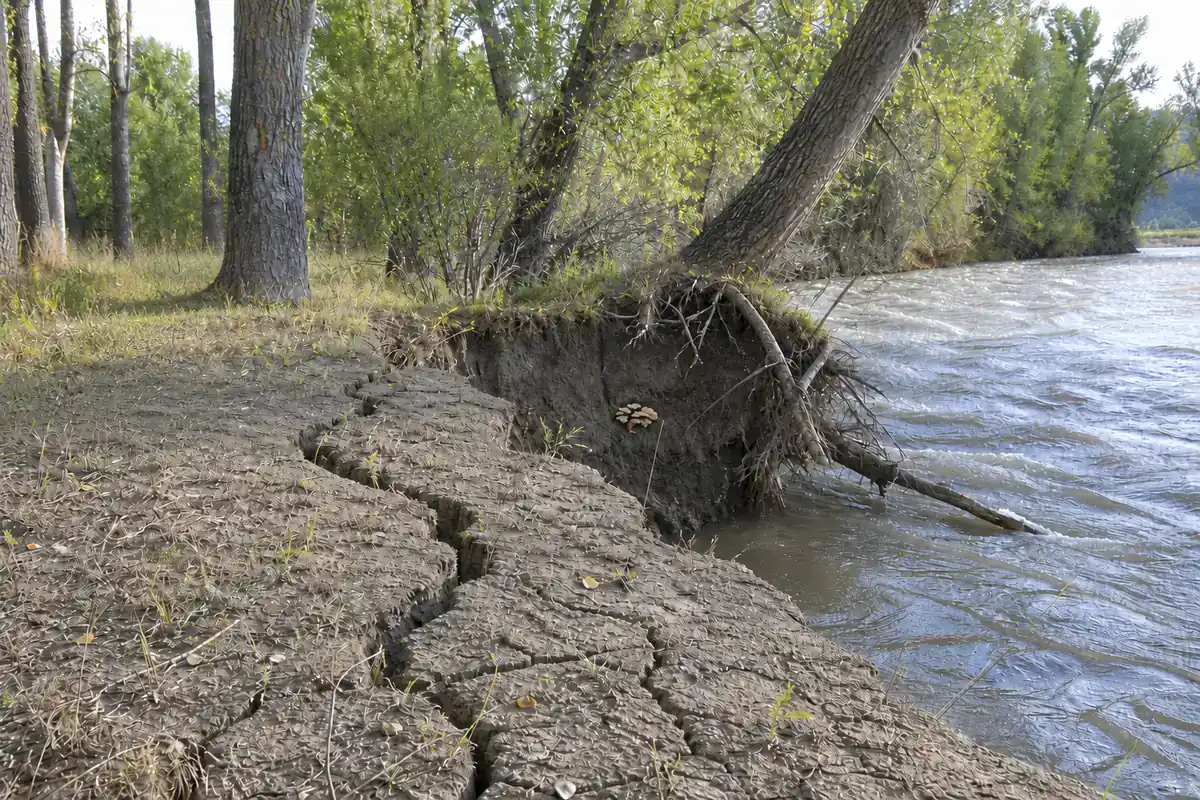 Cracked undercut riverbank with exposed cottonwood roots, a leaning trunk and fast water