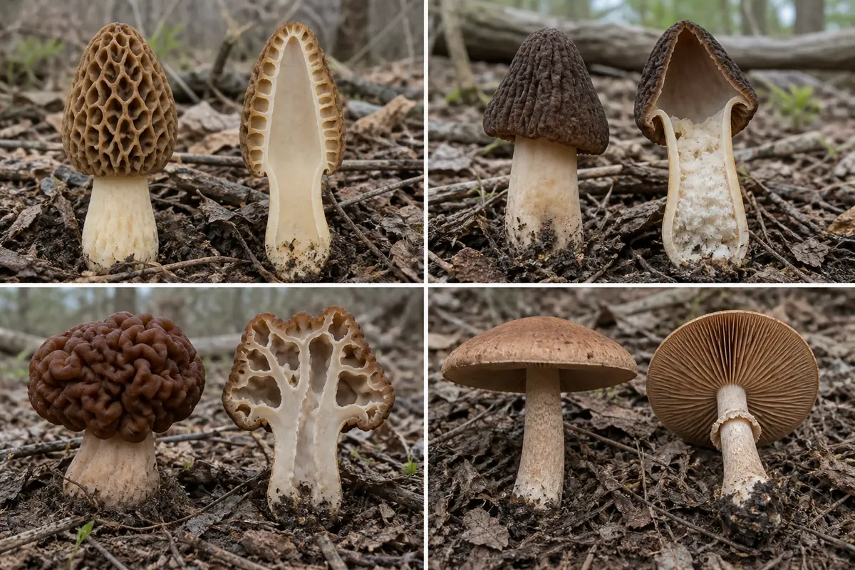 True morel, Verpa form, lobed Gyromitra form, and an ordinary gilled soil mushroom shown in cottonwood litter