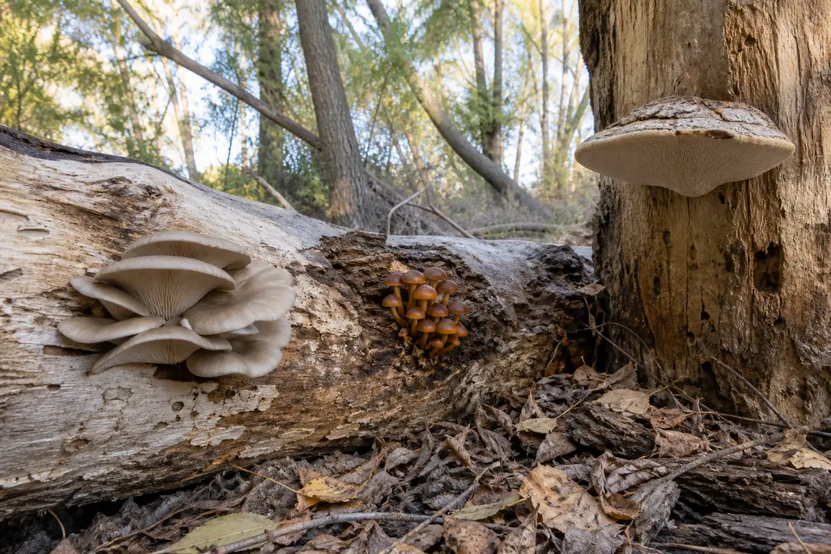 Aspen oyster fans, a pore-bearing dryad's saddle, robust scaly caps, and tiny decomposers on distinct cottonwood substrates