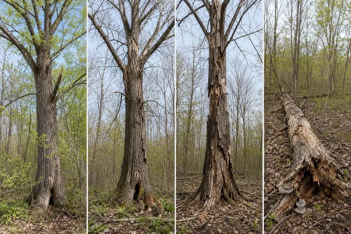 The same elm shown with a thinning crown, recently dead with tight bark, shedding bark, and finally bare and fallen