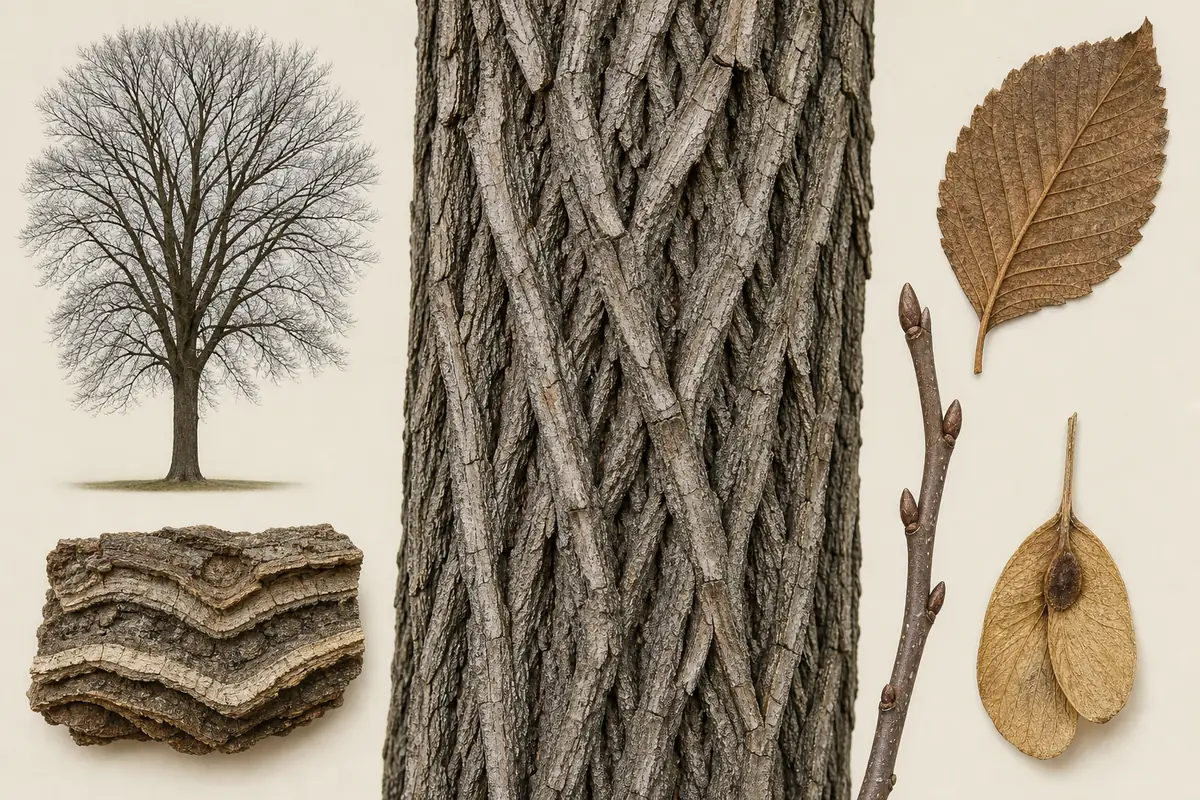 American elm vase crown, gray furrowed bark, layered bark edge, asymmetrical leaf, twig, and papery samara