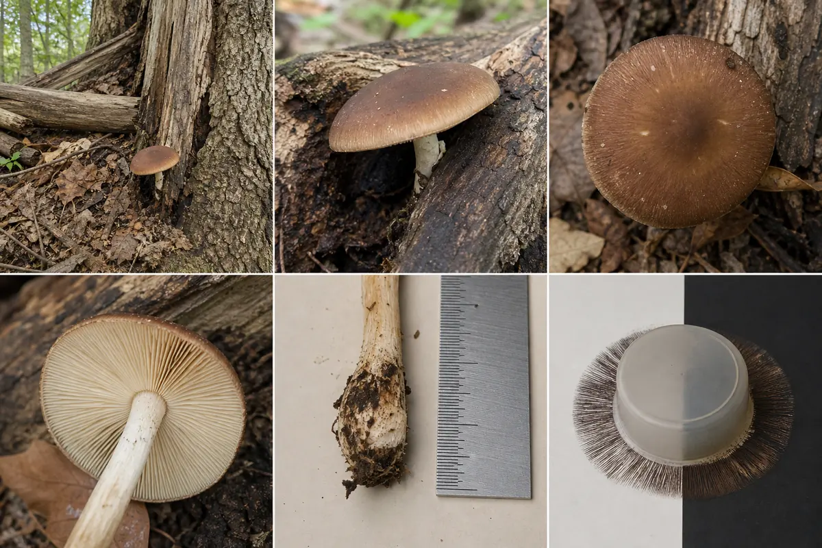 One unknown gilled mushroom documented with a wide habitat view, attachment, cap, underside, complete stem base, and spore print setup
