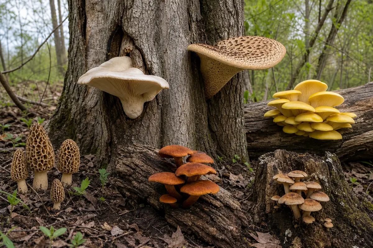 Morels in soil and five wood-decay mushroom forms shown in their characteristic positions around elm