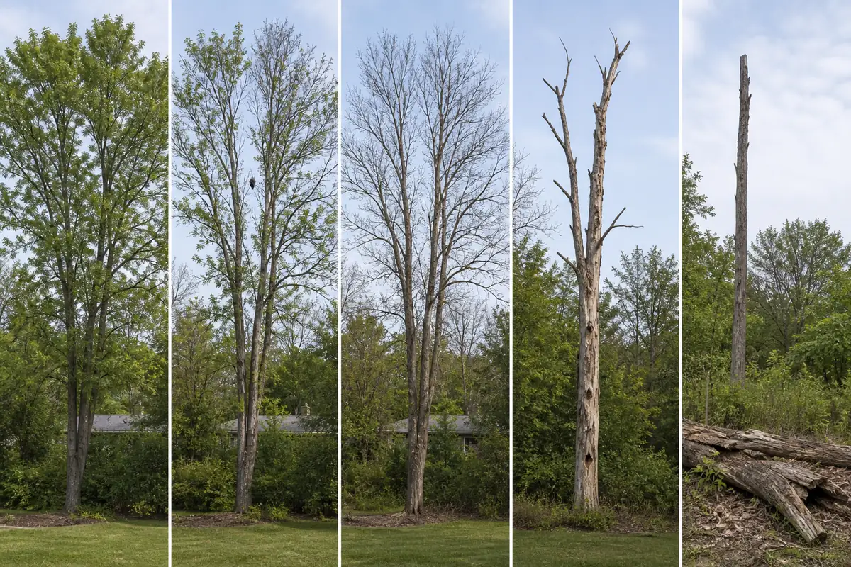 One ash progressing from crown thinning through recent death, loose bark, a bare snag, and fallen decayed wood