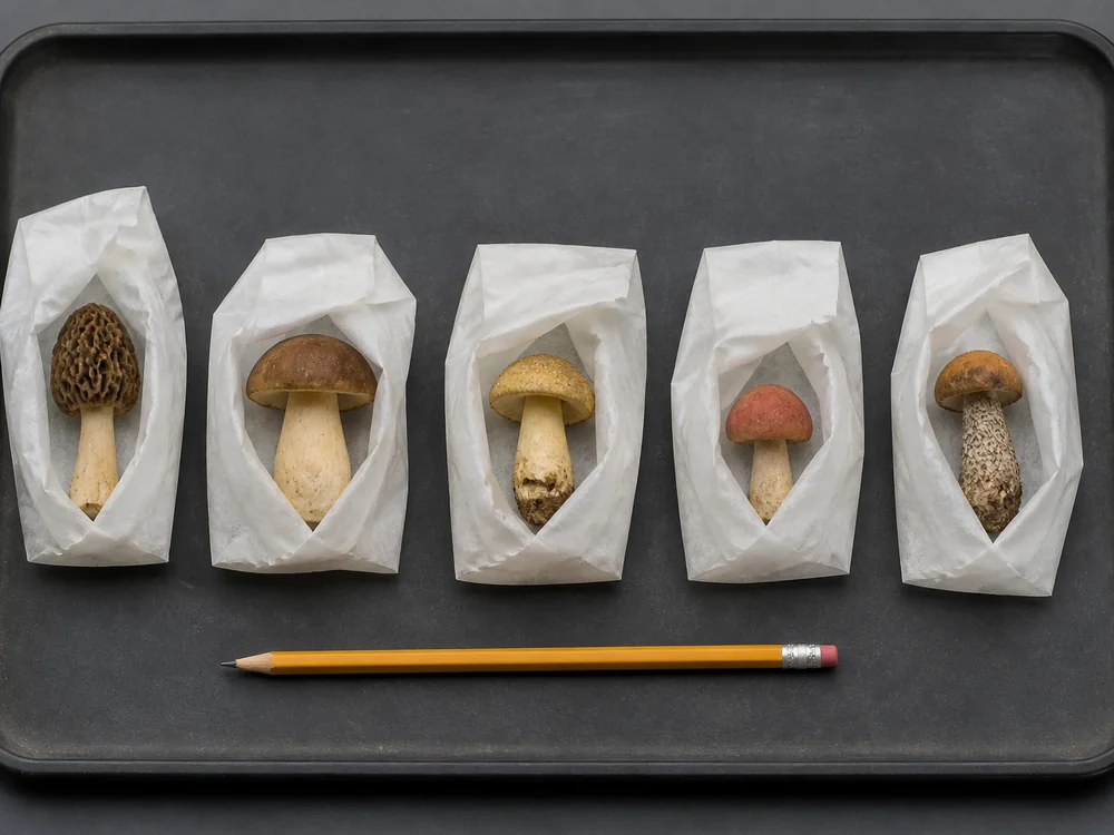 Several open paper bags standing inside a wicker basket, each holding a different species, with handwritten notes on the bags