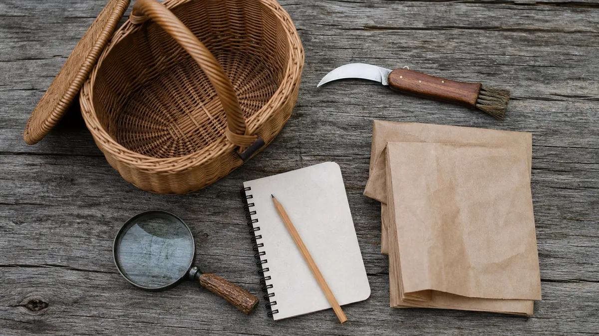 A basket, a small knife, folded paper bags, a hand lens and a phone laid out on a bare wooden table