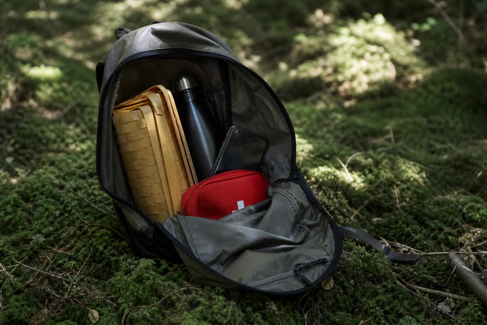 A small day pack open on a mossy log with a water bottle, a phone, a small first aid pouch and long socks laid out beside it