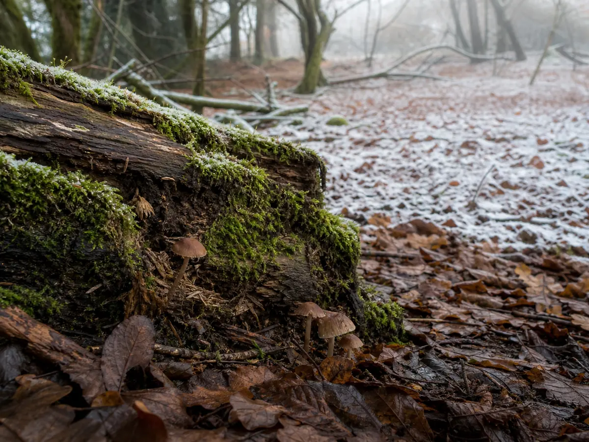 Small woodland mushrooms beside a damp mossy log with light frost in an exposed clearing - fall mushroom season