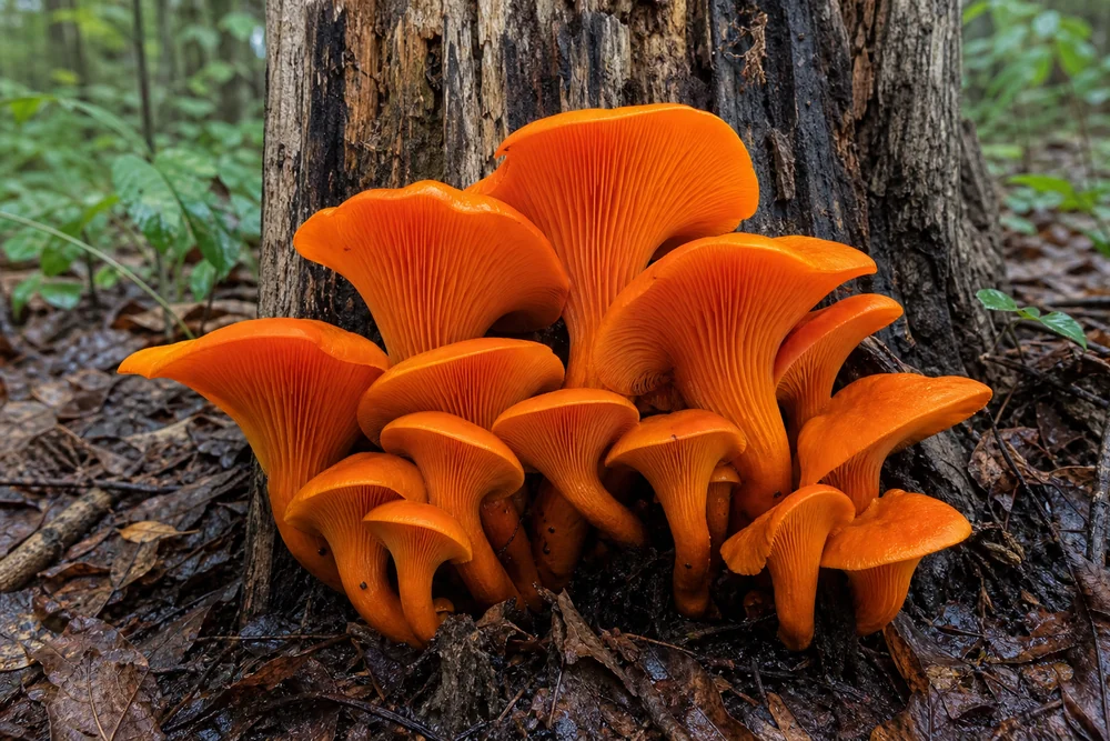 A dense cluster of bright orange jack-o-lantern mushrooms growing from the base of a dead hardwood stump with true gills visible on the stems