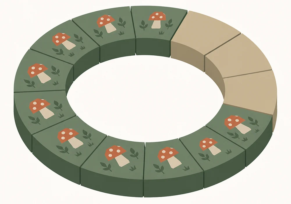 An isometric chart of twelve month blocks with a rainfall band and a fruiting band rising together across the summer months