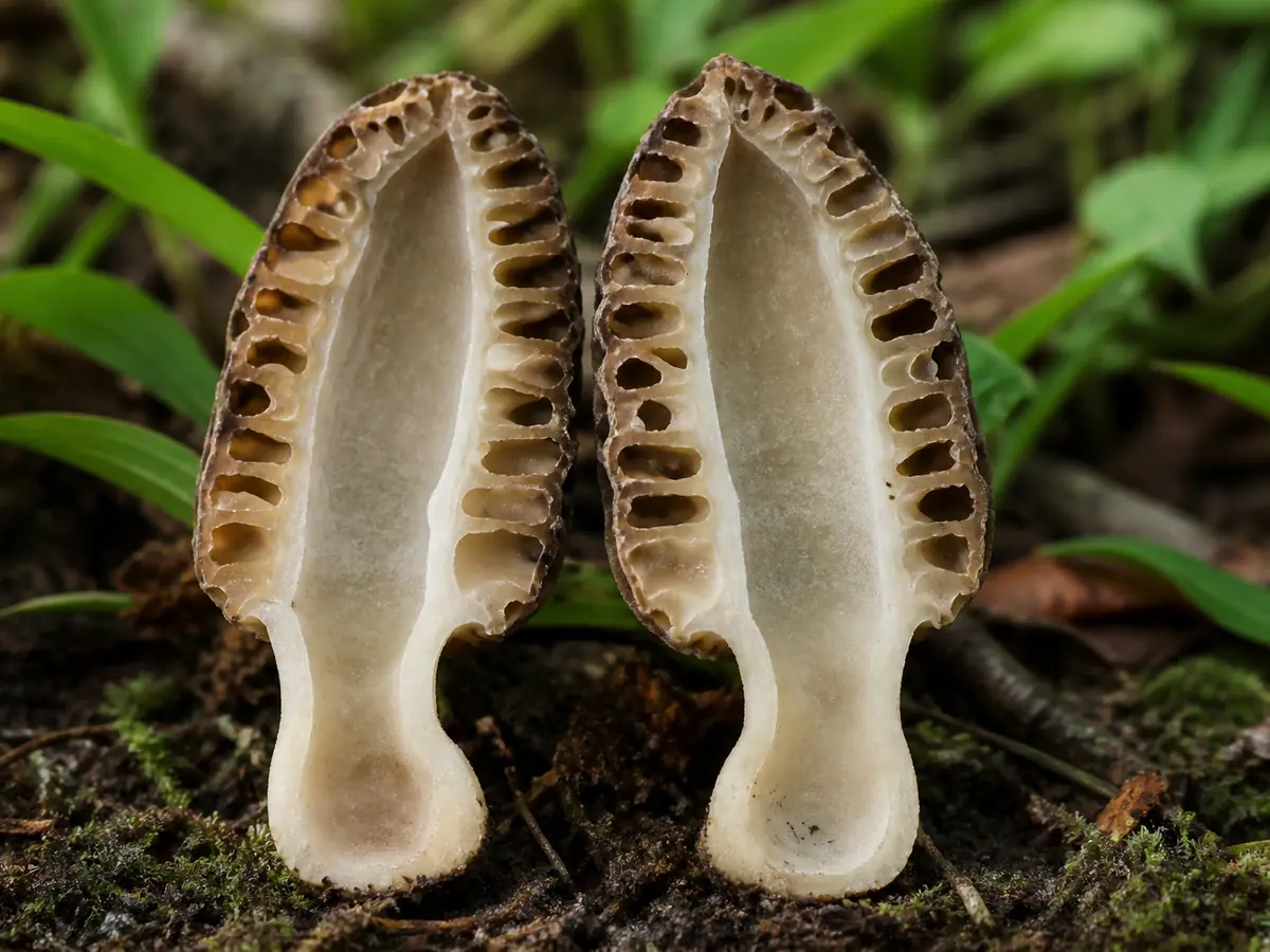 French morel cut lengthwise to show the cap attachment and continuous hollow chamber