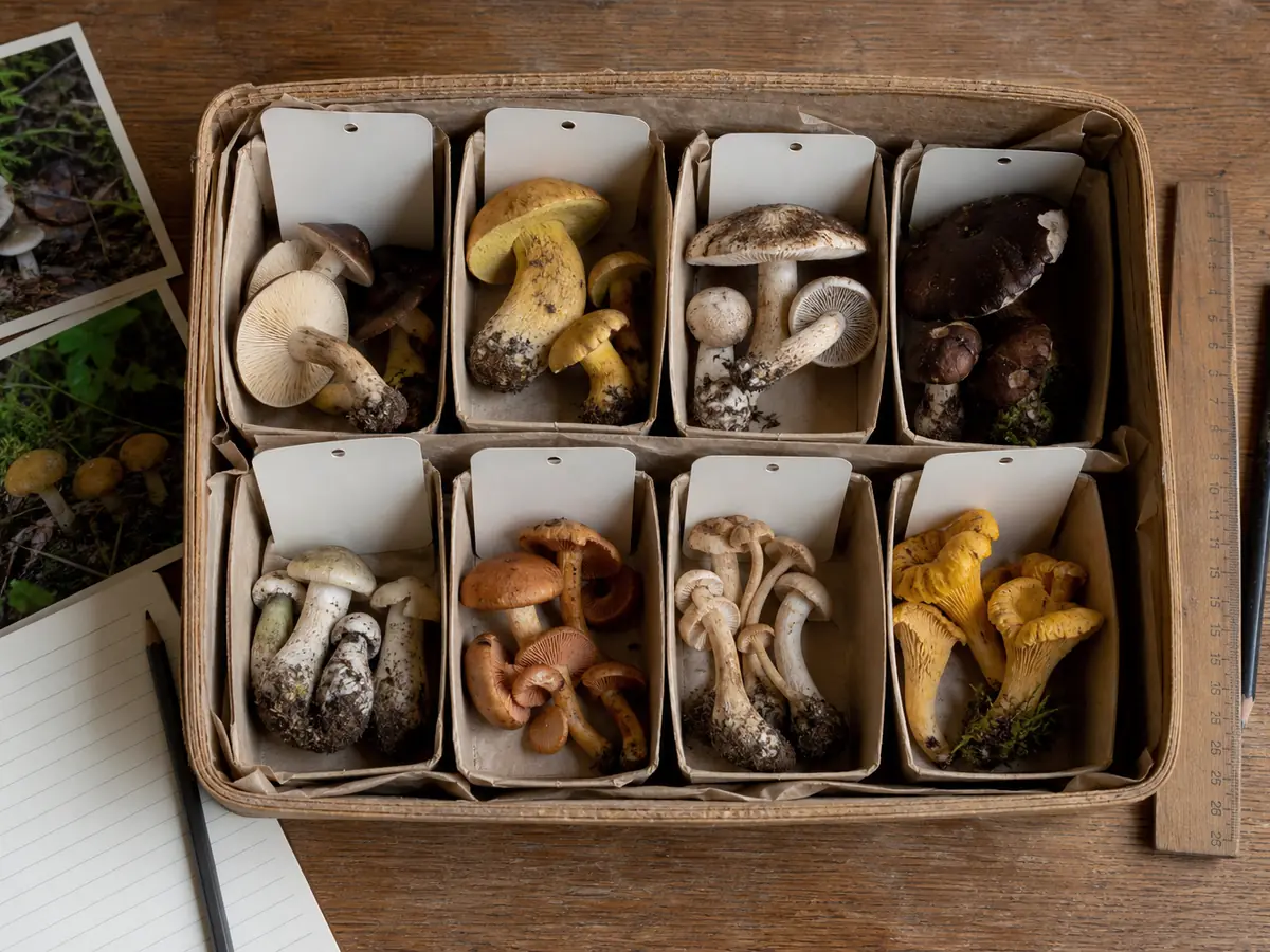 Whole forest mushrooms separated with numbered field cards for expert review