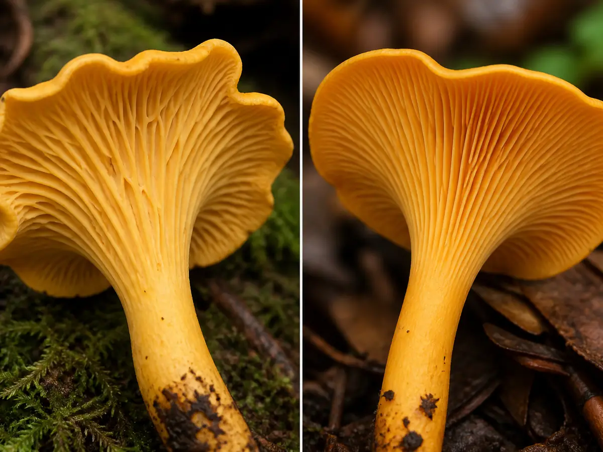 Blunt forked chanterelle ridges beside thin sharp false gills