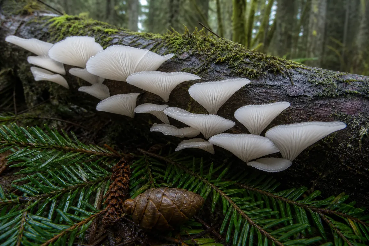 Thin ivory angel wings growing in overlapping shelves from a mossy hemlock log with their narrow gills and stemless attachment visible