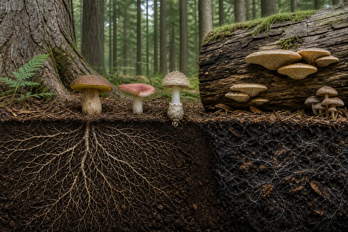 Hemlock fine-root cutaway with soil boletes and brittlegills beside a separate fallen log carrying wood-decay shelves