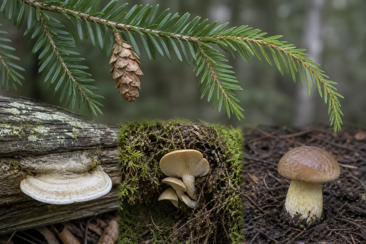 Hemlock twig and cone beside mushrooms shown on exposed log wood, buried wood under moss, and surrounding soil