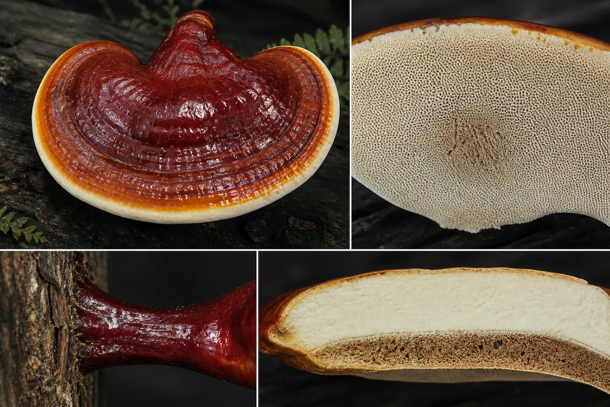 Fresh hemlock varnish shelf shown from its glossy zoned cap, pale pore surface, lateral attachment, and pale cut context