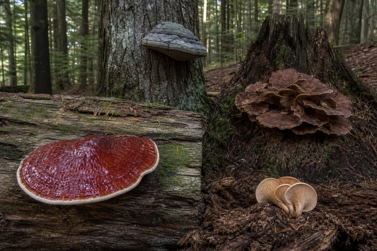 Hemlock log and standing trunk with a glossy shelf, dull conk, basal rosette, and small clustered decomposers in distinct positions