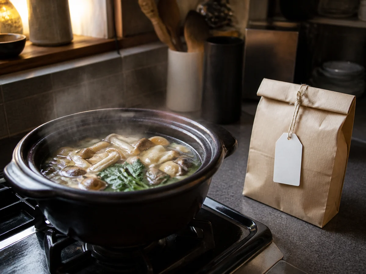 Wild mushrooms simmering in a clay donabe beside a separate labeled paper bag of uncooked mushrooms
