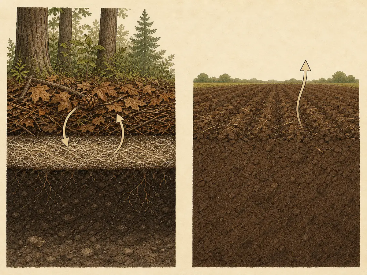 Cross-section diagram comparing forest litter and fungal mat layers with a plowed field soil profile