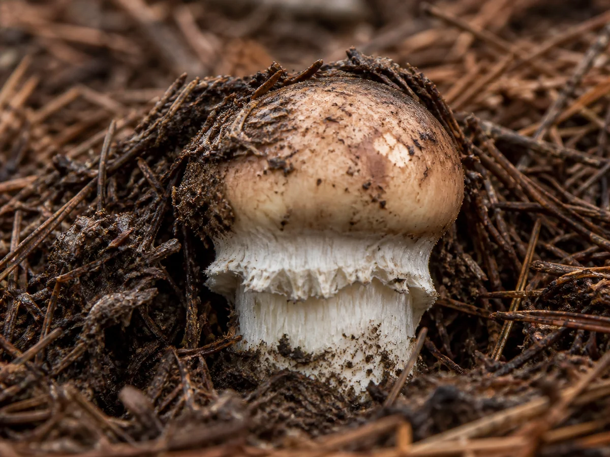 Matsutake mushroom emerging through red pine needle litter with its fibrous stem ring visible