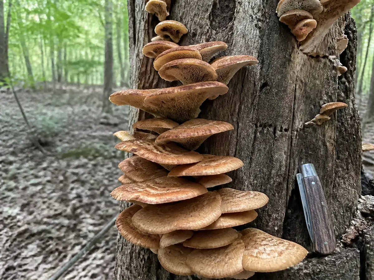 Cluster of wood-growing mushrooms on a dead broadleaf trunk with a folding knife for scale in Japanese woodland