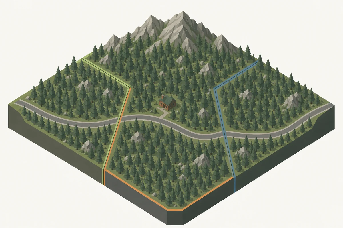An isometric drawing of one mountain forest block divided by colored lines into three adjoining districts of identical looking conifer forest, with a ranger cabin in one and a road crossing all three