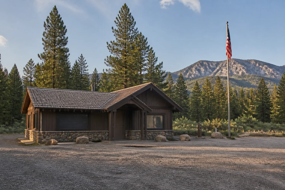 A small timber forest service ranger station with a shingle roof and a flagpole beside a gravel parking area with pine forest behind