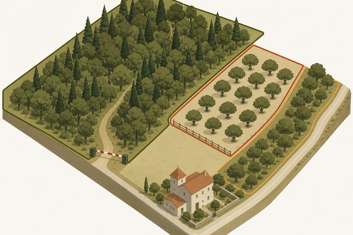 An isometric illustration of a French rural block divided into three zones by colored boundaries, a managed forest with a barrier at its track, a fenced grove of evenly spaced oaks on pale ground, and an unfenced strip of wood beside a lane