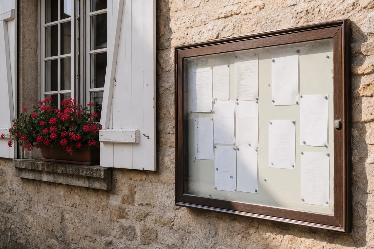 A village noticeboard behind glass on the stone wall of a French mairie with several printed sheets pinned inside and geraniums in a window box above