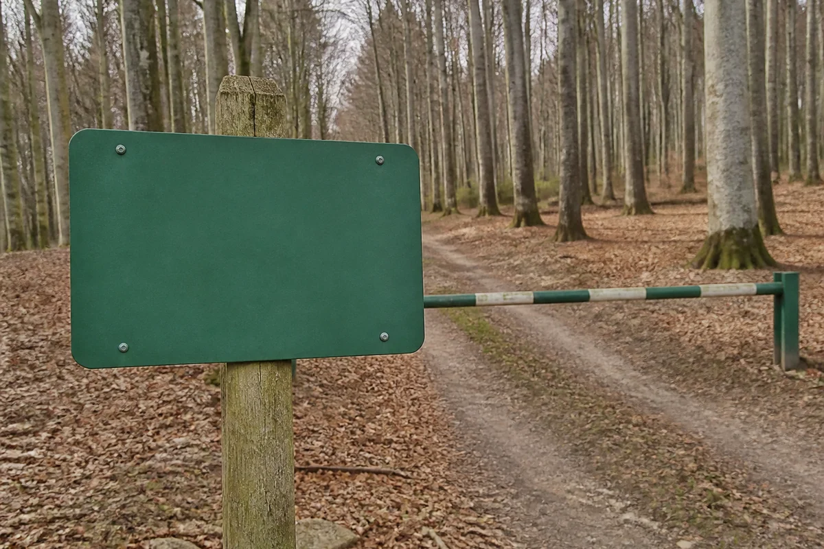 A green metal sign on a wooden post at the entrance to a French state forest track with a barrier arm behind it and beech trunks beyond