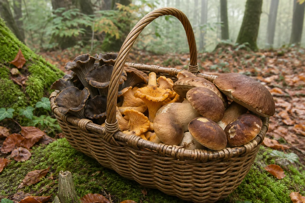 A woven French basket on moss in a beech and oak forest holding fat brown-capped ceps, bright orange girolles and dark funnel-shaped trumpet mushrooms