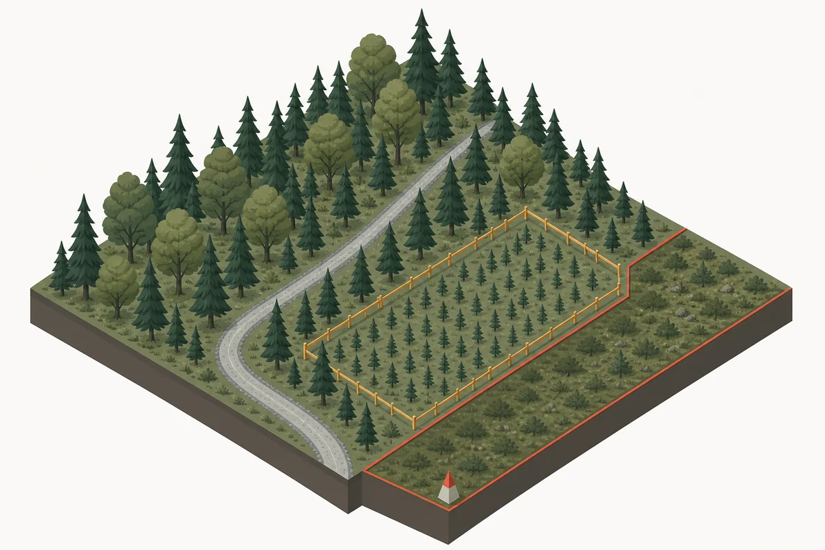 An isometric illustration of a German forest block divided into three zones by colored boundaries, an open conifer and beech forest with a gravel road, a fenced compartment of young trees, and a zone marked off by a triangular post