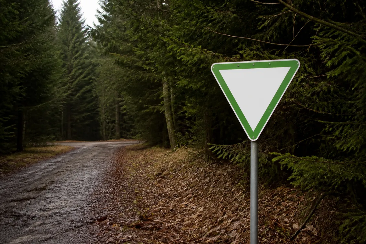 A triangular green and white nature reserve sign on a metal post at the edge of a German forest track with dense spruce behind it