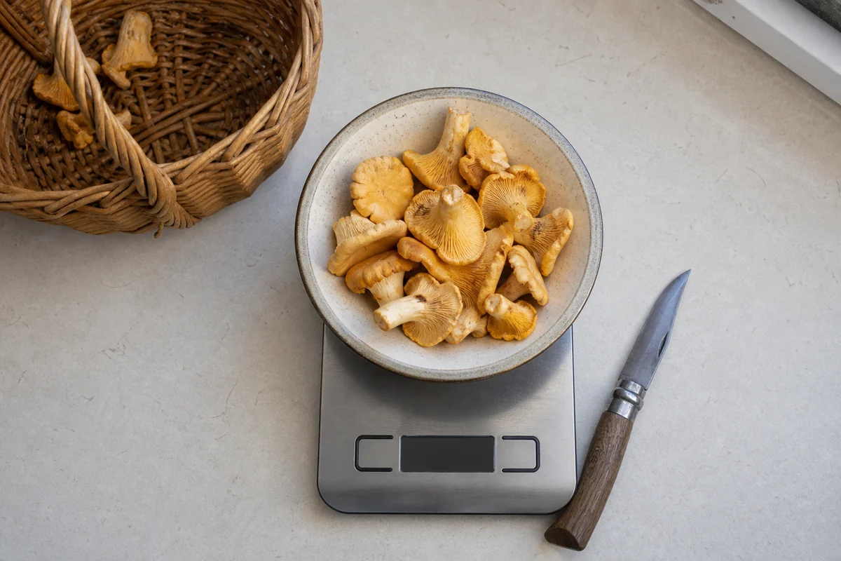 A kitchen scale holding a shallow bowl of cleaned chanterelles on a pale counter with a wicker basket and folding knife beside it