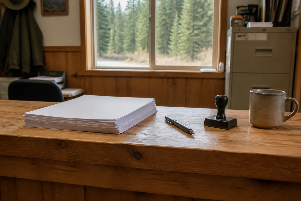A plain wooden counter in a small forestry office with a stack of blank forms, a pen, a rubber stamp and a mug, with pines beyond the window