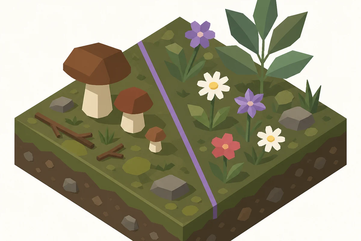An isometric drawing of one forest floor block divided by a single colored line, with simple geometric mushrooms on one side and wildflowers and a leafy plant on the other