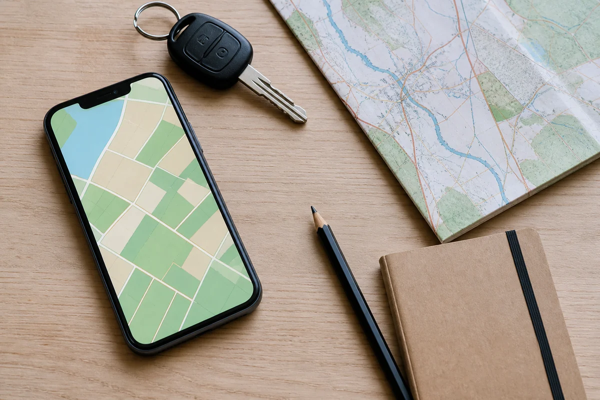 An overhead flat lay on a pale wooden table of a smartphone showing a map with colored land parcels, a folded paper map, a car key, a pencil and a notebook