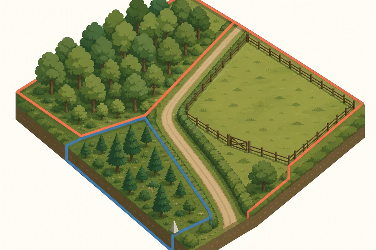 An isometric illustration of one countryside block divided into four zones by colored boundaries, a broadleaf wood, a fenced private field with a gate, a wood with a marker post at its edge, and a lane between them
